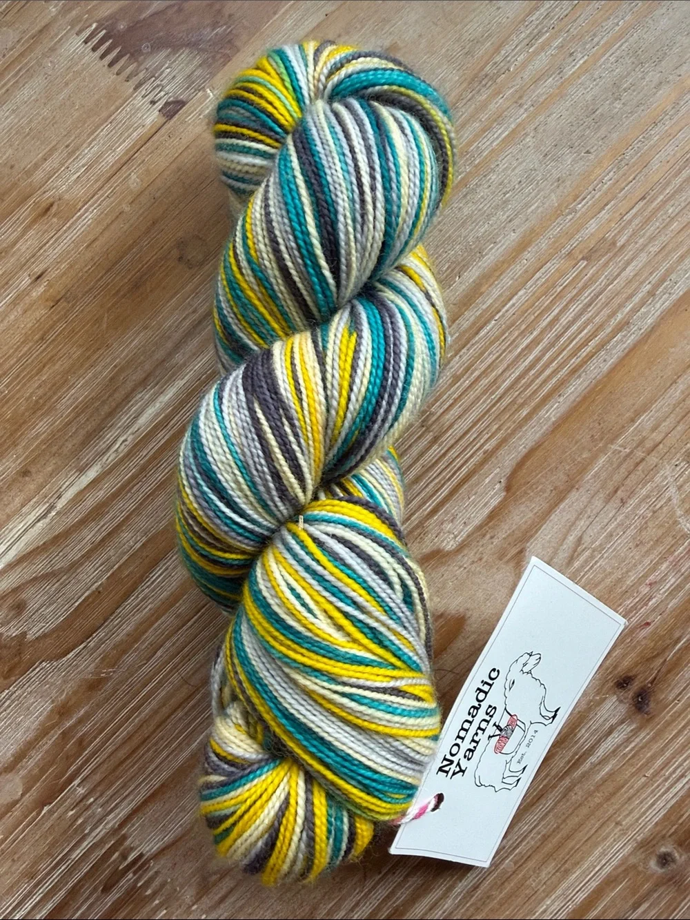 Hand-Dyed Multi Color Sock Yarn - Yellow, Teal, Gray, Cream